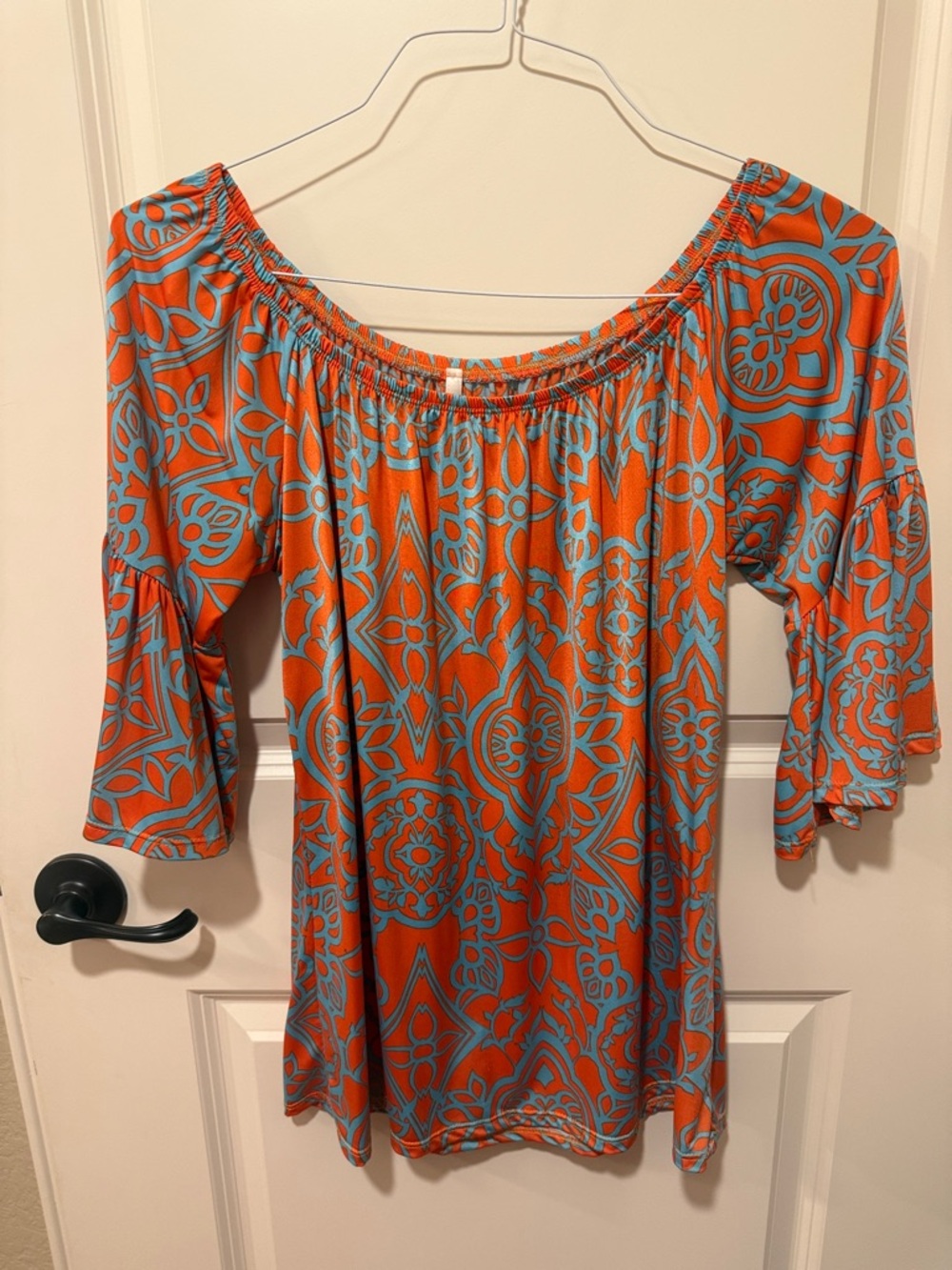 Women’s Orange & Blue Off-Shoulder Patterned Blouse